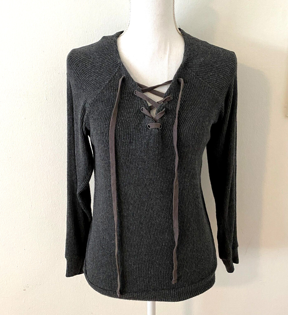 VELVET Graham and Spencer Gray Billow Lace up V-Front Long Sleeve Jersey Top XS